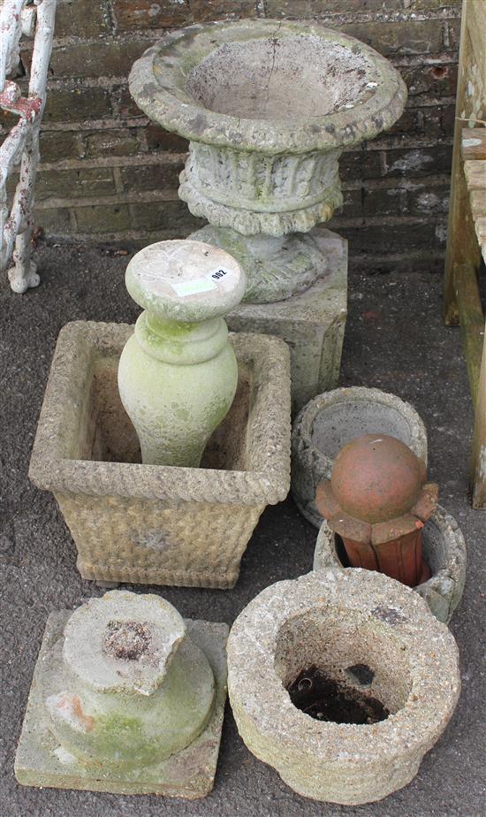 Cast concrete urn on stand & 7 sundry items